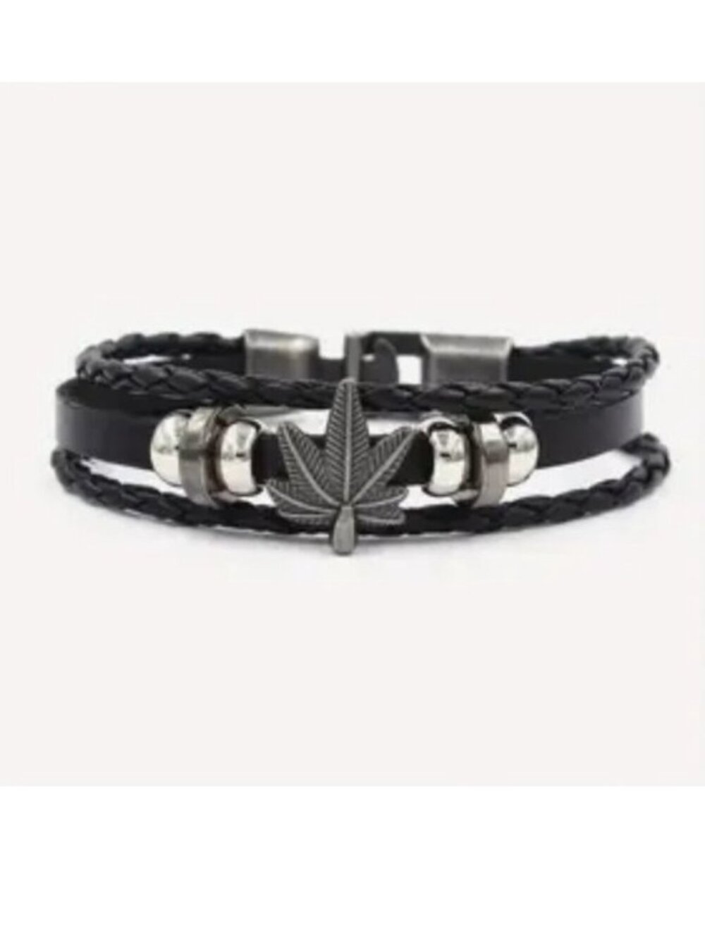 Leather Bracelet Cuff Cannabis Leaf Wrist Rock Edgy Mary Jane Pot Metal Beads